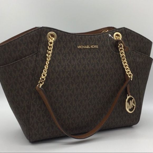 𝅺Michael Kors LG Chain Shoulder Tote Brown NWT - Picture 1 of 9
